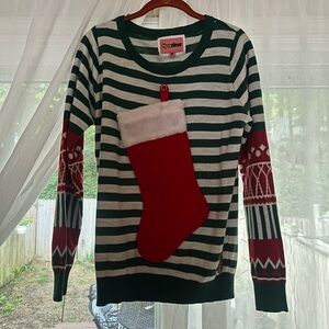Tipsy Elves Festive Green and White Sweater with Red Stocking